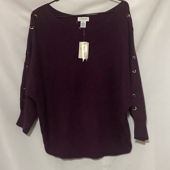 NWT CARMAN MARC VALVO WO SIZE XL EGGPLANT COLOR SWEATER GOLD CRISS CROSS ACCENTS - Picture 2 of 12